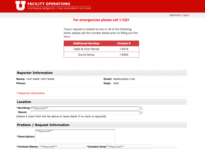 operations request form screen